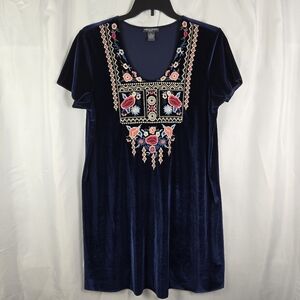 Chelsea & Theodore Navy Blue Velvet Floral Embroidered Midi Shift Dress Size XL
